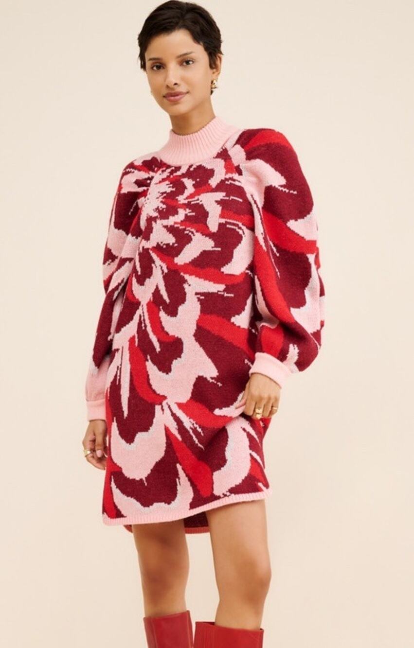 Farm Rio Flower Knit Mini Dress L Red Pink Wool Blend Puff Sleeve Sweater